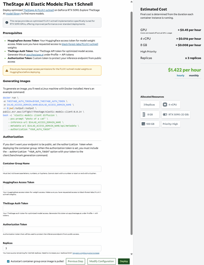 TheStage AI Elastic Model: Flux 1 Schnell configuation on SaladCloud