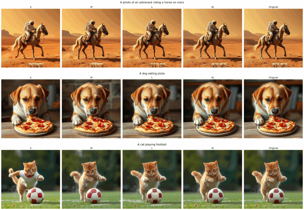 Variants of different photos like an astronaut riding a horse on mars, a dog eating pizza, and a cat playing football