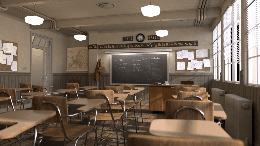 an empty classroom with wooden desks and a chalkboard, generated by AI