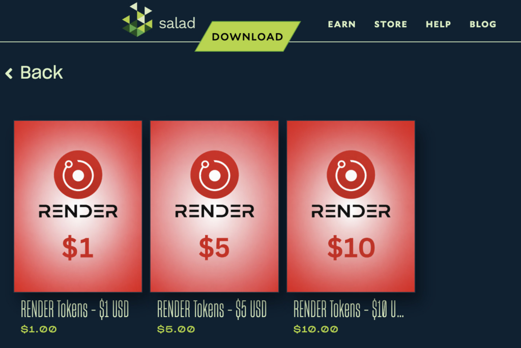 Salad storefront showing RENDER token reward cards redeemable with Salad Balance
