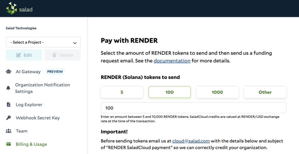 Pay with RENDER - SaladCloud portal Billing & Usage section showing RENDER (Solana) token deposit options